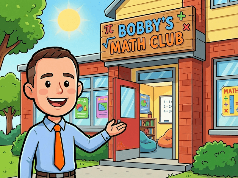 A cartoon of Bobby welcoming visitors at the door of Bobby's Math Club.