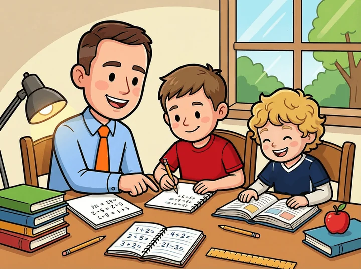 Bobby helping two children with their math practice at home