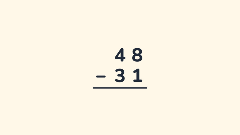 The problem 48 minus 31, written on its own before any blocks appear