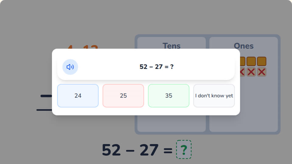 The video paused on the question 52 minus 27, with three answer choices and I don't know yet