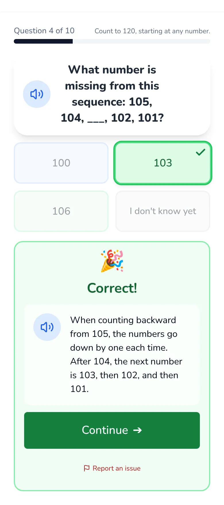 The green "Correct!" message after a right answer, with a short explanation
