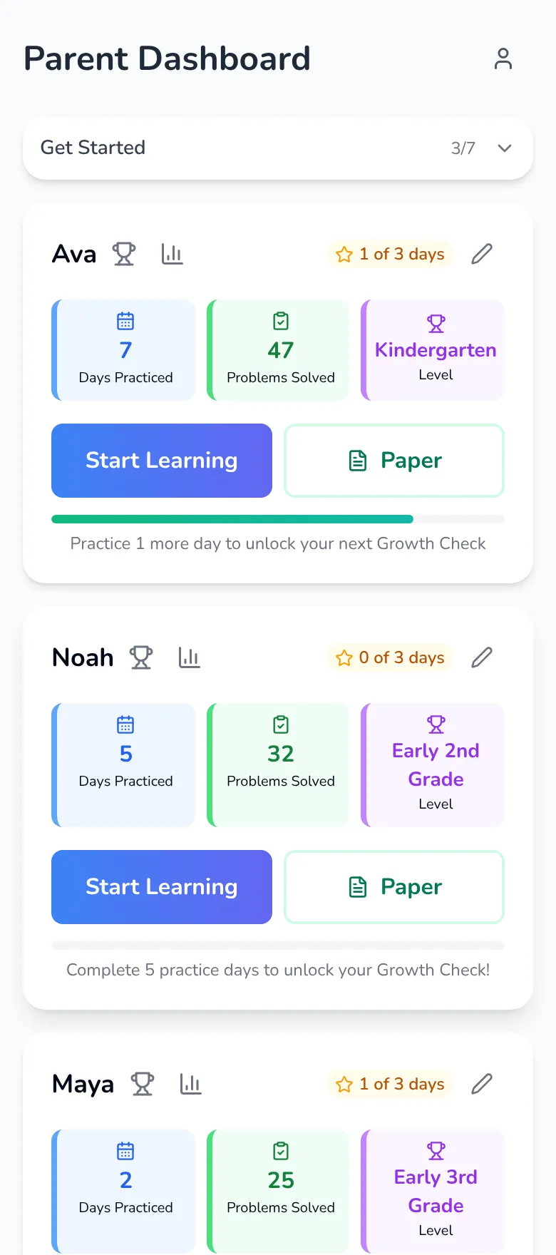 The parent dashboard, with each child's days practiced, problems solved and level