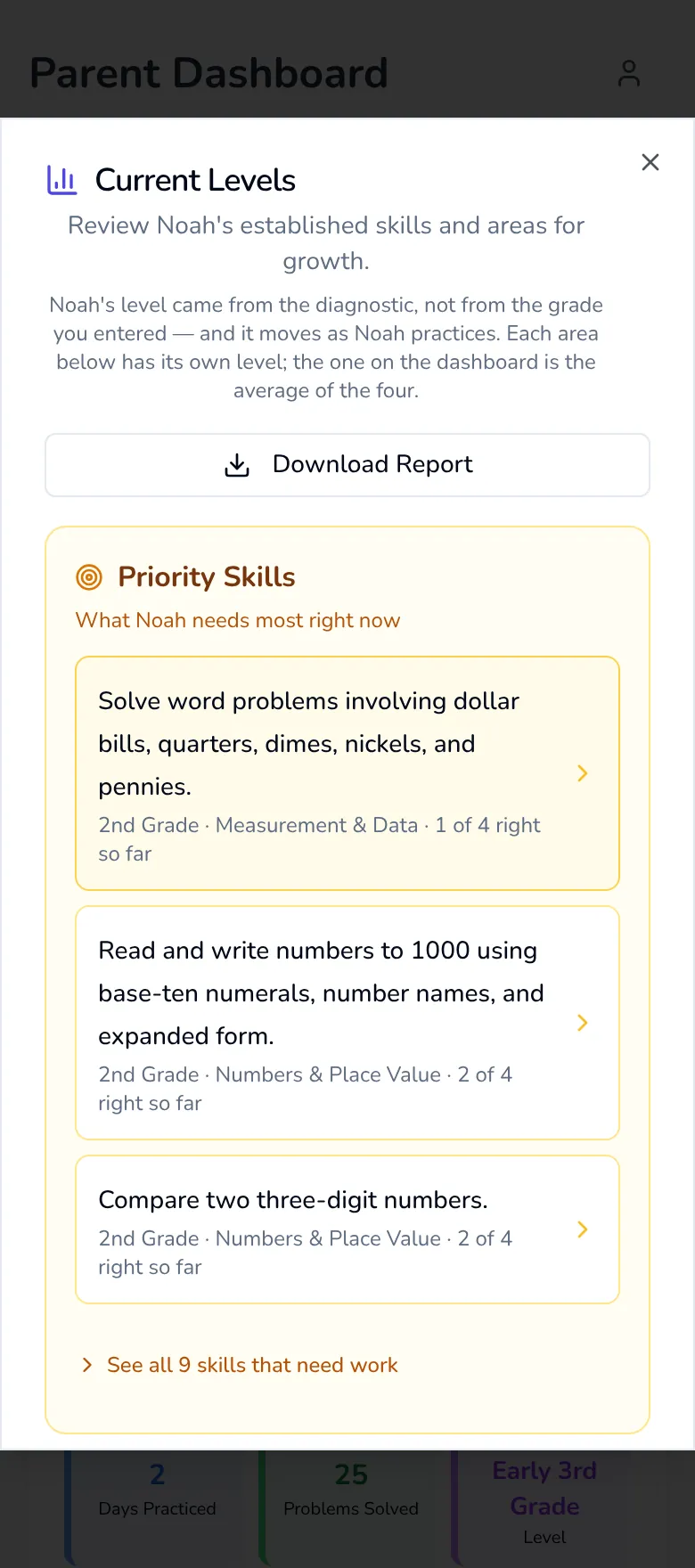 A child's current levels, with the skills that need the most practice right now