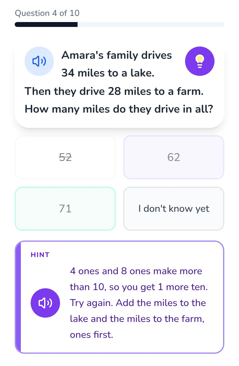 A 2nd grade practice question in Bobby's Math Club after a wrong answer: “Amara's family drives 34 miles to a lake. Then they drive 28 miles to a farm. How many miles do they drive in all?” The tapped answer, 52, is crossed out, and a purple hint card below reads “4 ones and 8 ones make more than 10, so you get 1 more ten. Try again. Add the miles to the lake and the miles to the farm, ones first.”