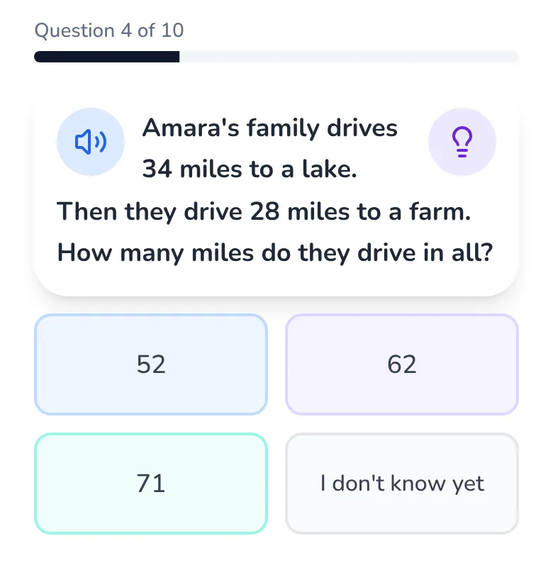 A 2nd grade practice question in Bobby's Math Club: “Amara's family drives 34 miles to a lake. Then they drive 28 miles to a farm. How many miles do they drive in all?” A speaker button to hear it read aloud and a lightbulb button for a hint sit beside it, with four answer boxes below: 52, 62, 71 and “I don't know yet”.