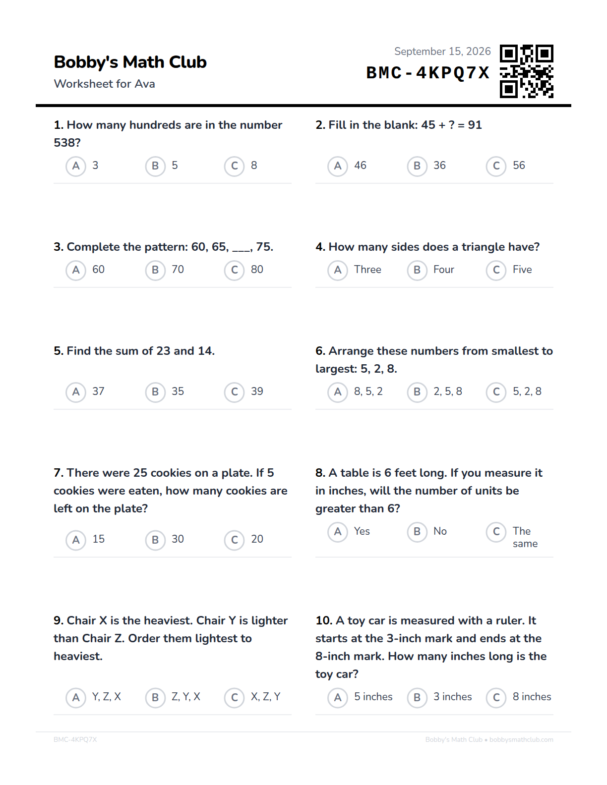 A printed Bobby's Math Club worksheet: ten numbered multiple-choice problems in two columns, with the club name and a short sheet code in the header.